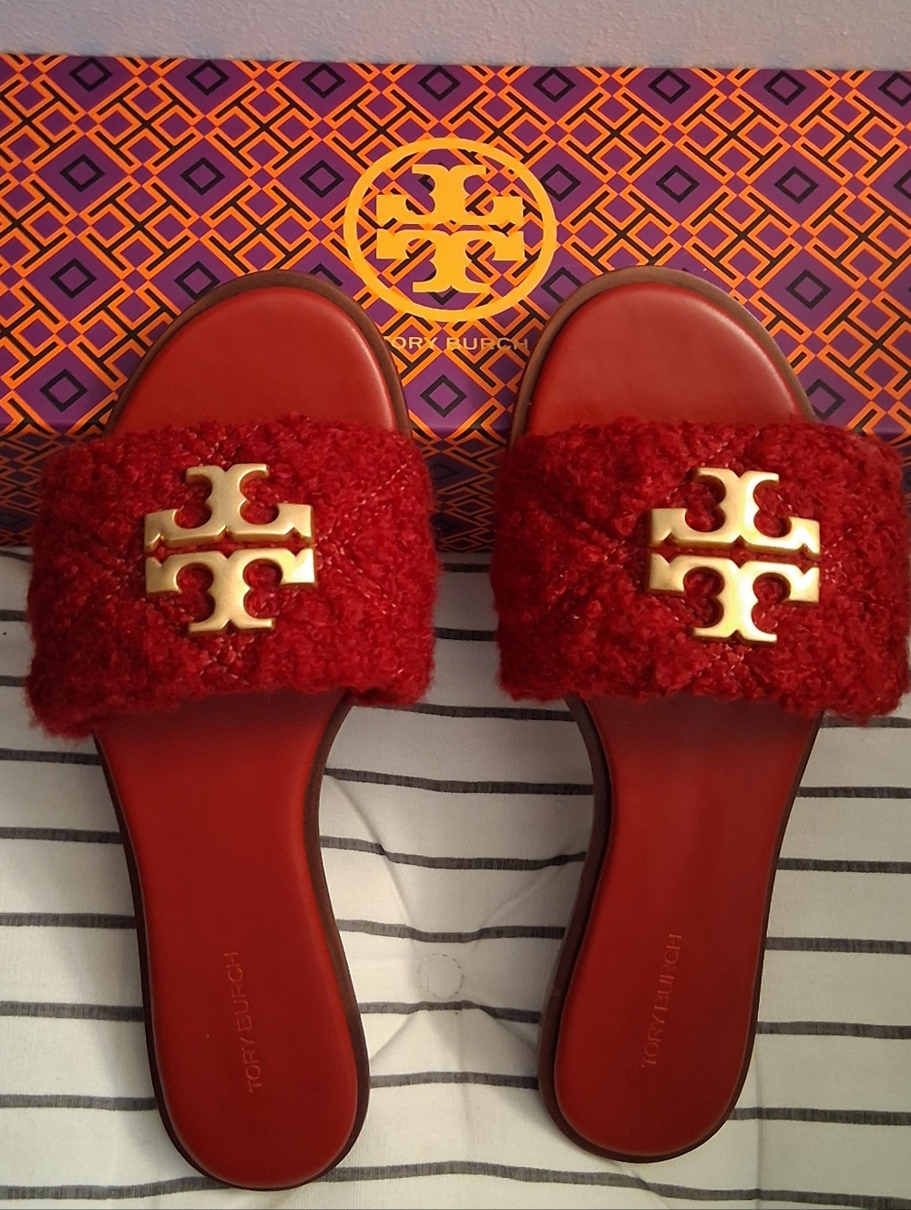 Tory Burch Red Bouclé Slide Sandals with Gold Logo Accent Sz 7.5